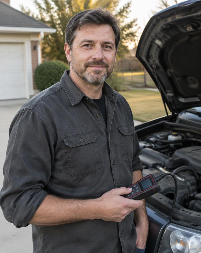 Everyday driver holding a basic code reader beside an open car hood